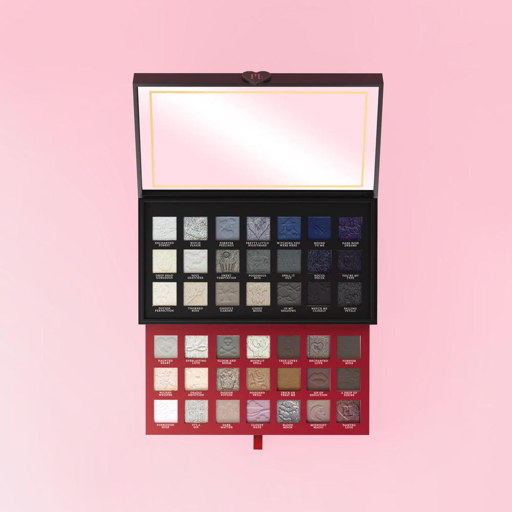Palette de fards à paupières maquillage halloween P.Louise Mystic Moonlight avec différentes nuances sur fond rose
