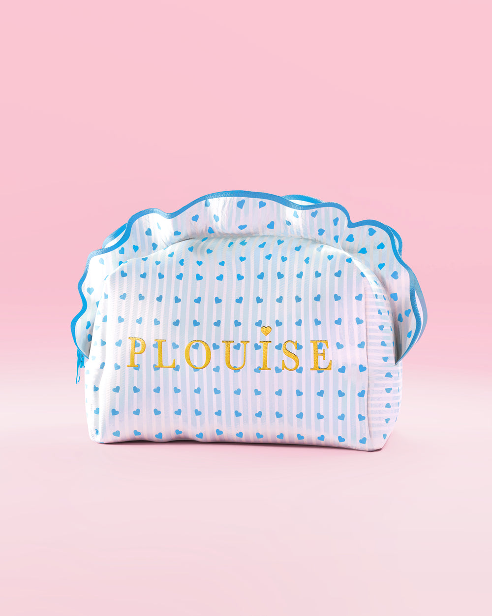 Blau-weiß gestreifte P.Louise Make-up- und Hautpflegetasche mit Rüschen und blauem Himbeer-Design