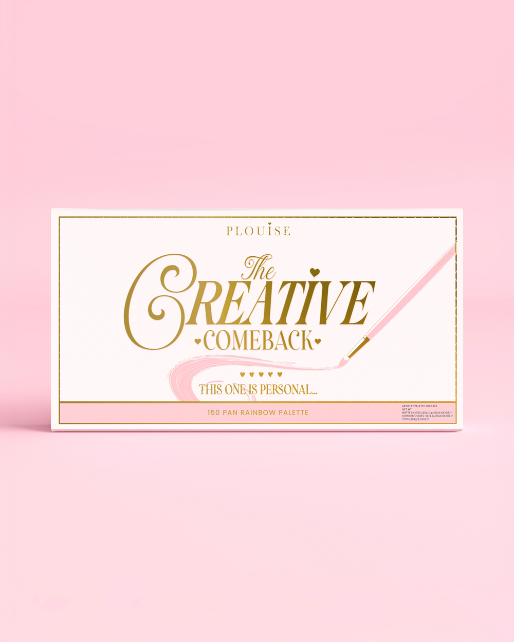 De voorkant van een gesloten P.Louise Creative COMeback XXXL Rainbow Eyeshadow Palette met gouden typografie op een roze hoesje tegen een roze achtergrond