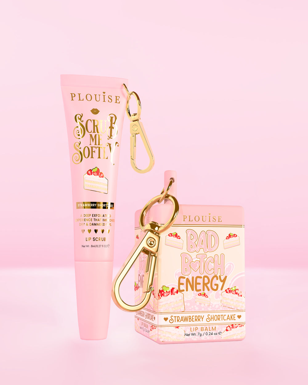 P.Louise Moisture Magic Duo apresentando um protetor labial e um tubo de esfoliante labial, ambos com aroma de torta de morango