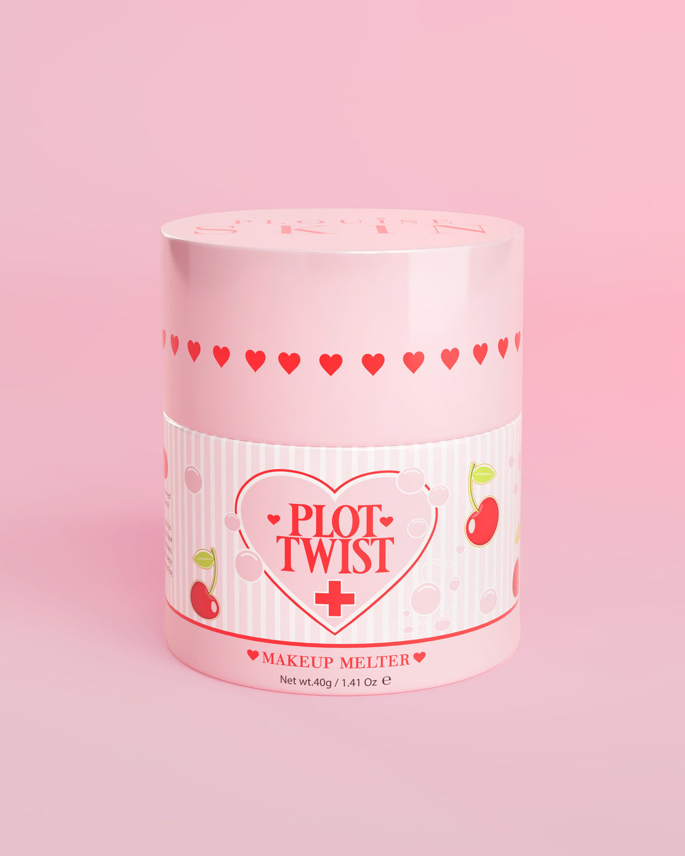 粉红色容器,装有 P.Louise Plot Twist Makeup Melting Cleansing Balm,标签上有心形和樱桃图案,背景为粉红色