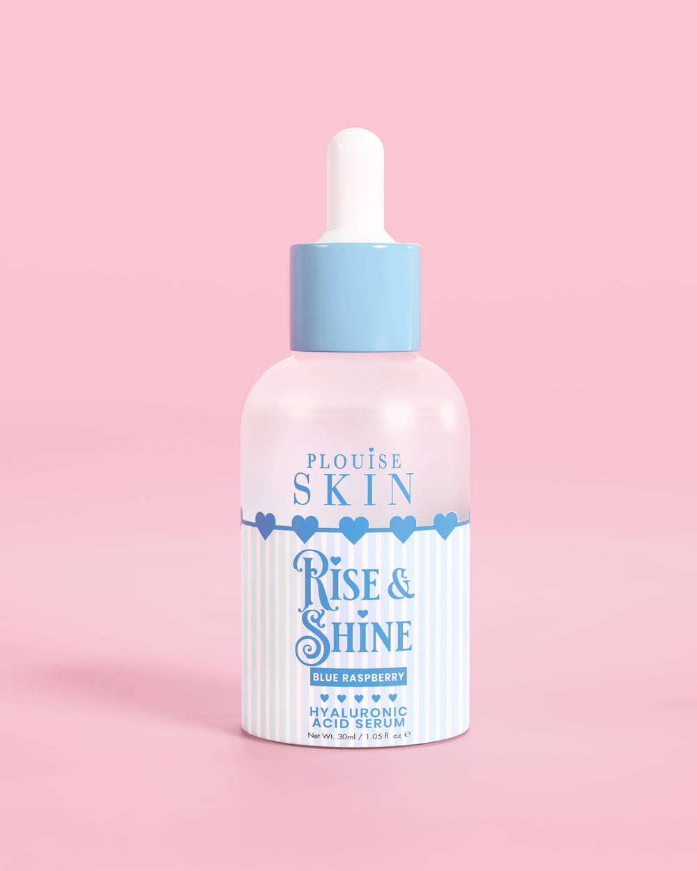 زجاجة زرقاء وبيضاء من سيروم P.Louise Rise & Shine الهيالورونيك بنكهة توت أزرق