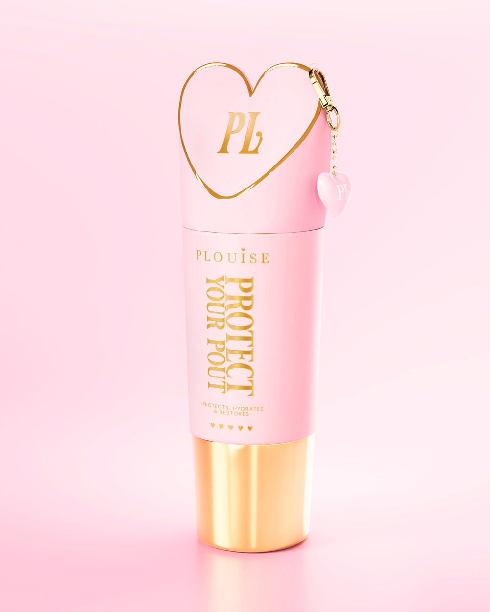 Kæmpe pink og guld Protect Your Pout-flaske med hjerteformet låg på en lys pink baggrund