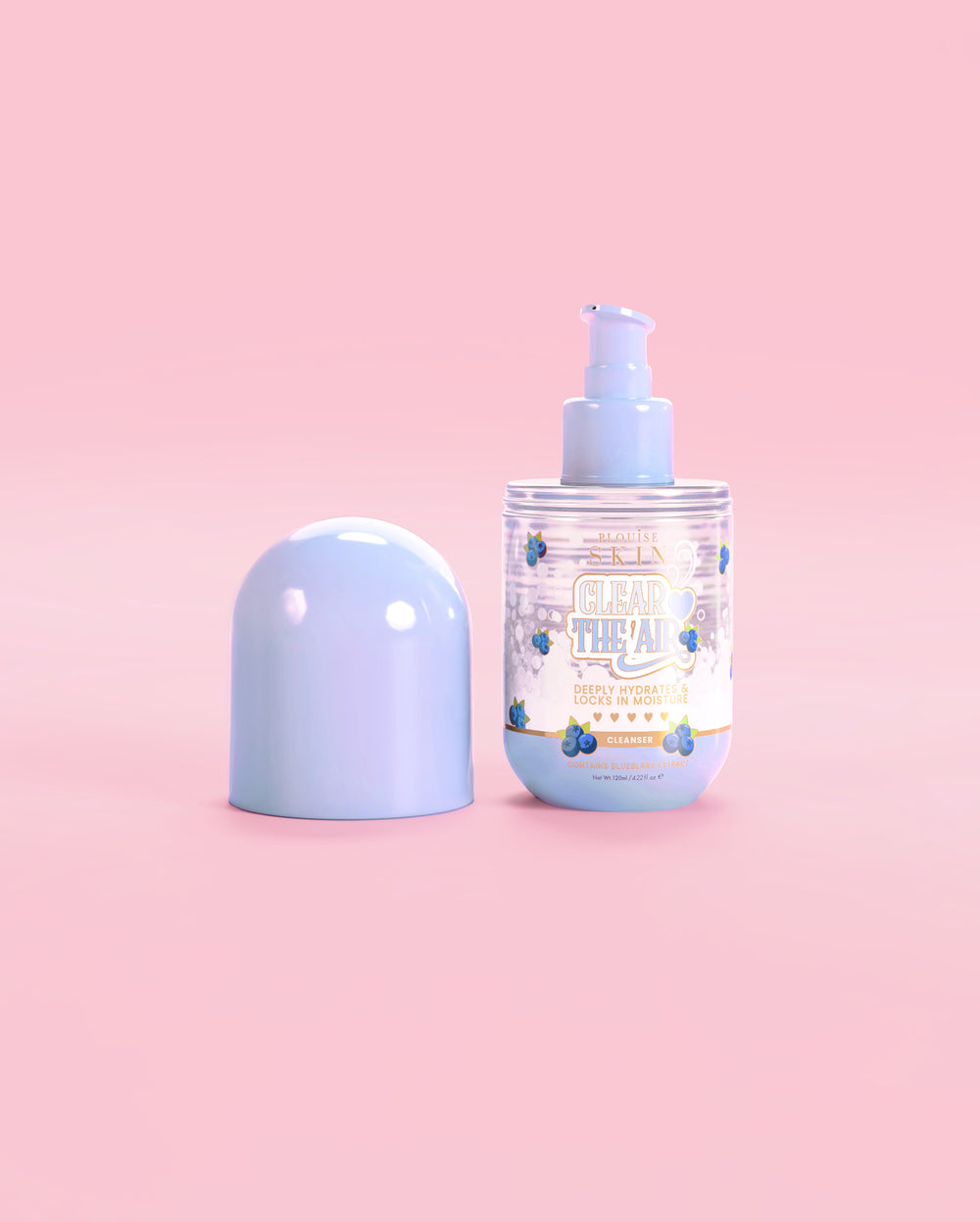 Boca P. Louise Clear The Air Blueberry Gel Cleanser sa skinutim čepom na ružičastoj pozadini