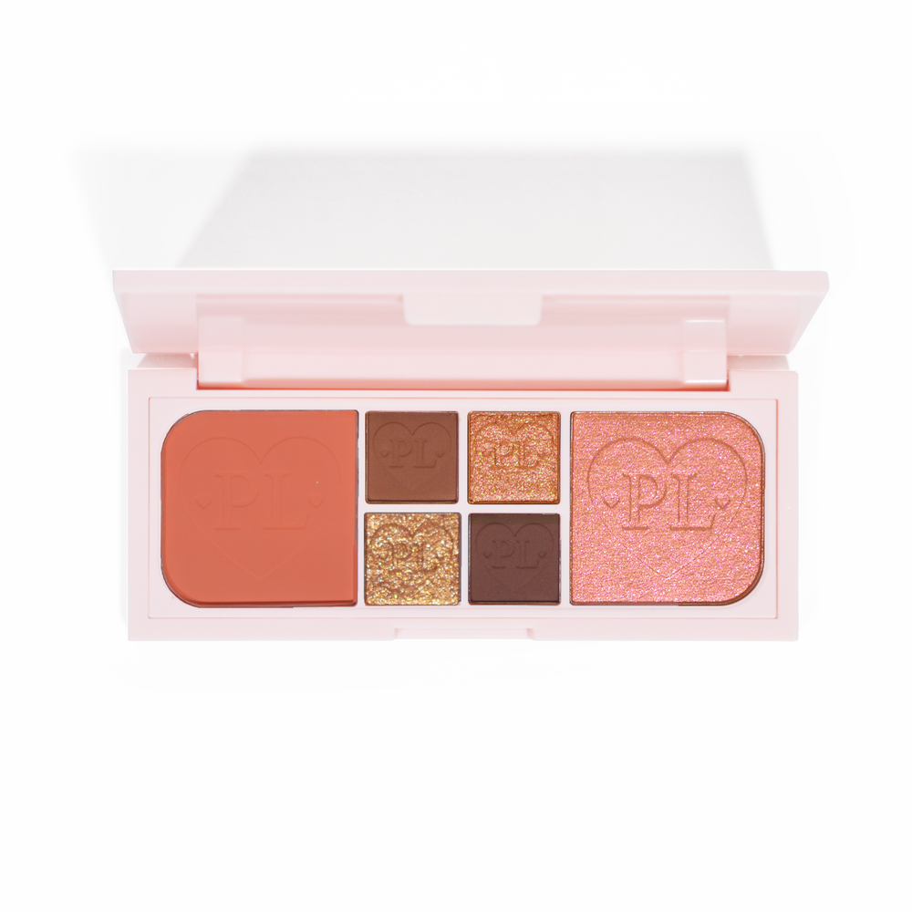 Et bilde av P.Louise Fluffy Fantasy Mini Eyes & Face Palette med kremet matte og smøraktige skimmer i en rekke ferskenfargede, brune og nøytrale nyanser