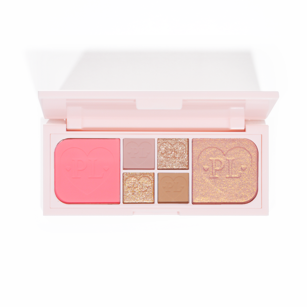Et bilde av P.Louise Fluffy Fantasy Mini Eyes & Face Palette med kremet matte og smøraktige skimmer i en rekke rosa og nøytrale nyanser