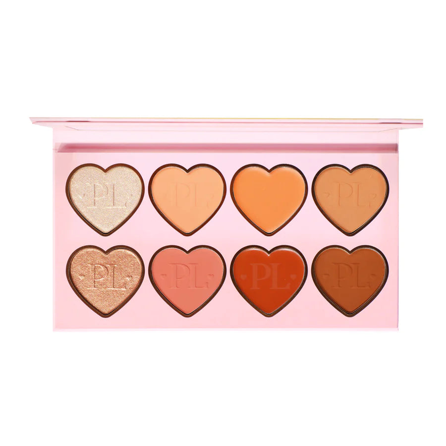 Une image de la palette pour le visage P.Louise All Over The Place avec différentes nuances de couleurs exposées en forme de cœur