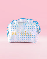 Blau-weiß gestreifte P.Louise Make-up- und Hautpflegetasche mit Rüschen und blauem Himbeer-Design