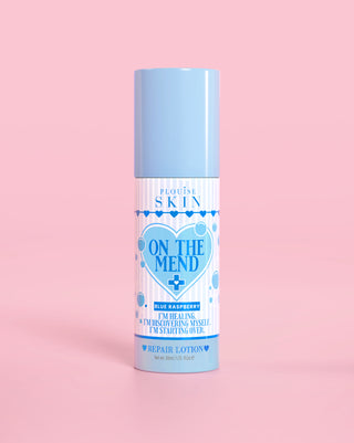 Blue bottle of P.Louise On The Mend barrier repair lotion in blue raspberry
