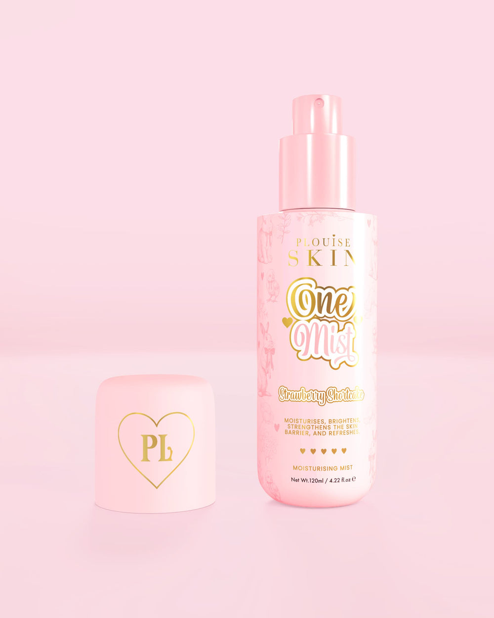 Frasco rosa de One Mist Moisturizing Mist com aroma de torta de morango