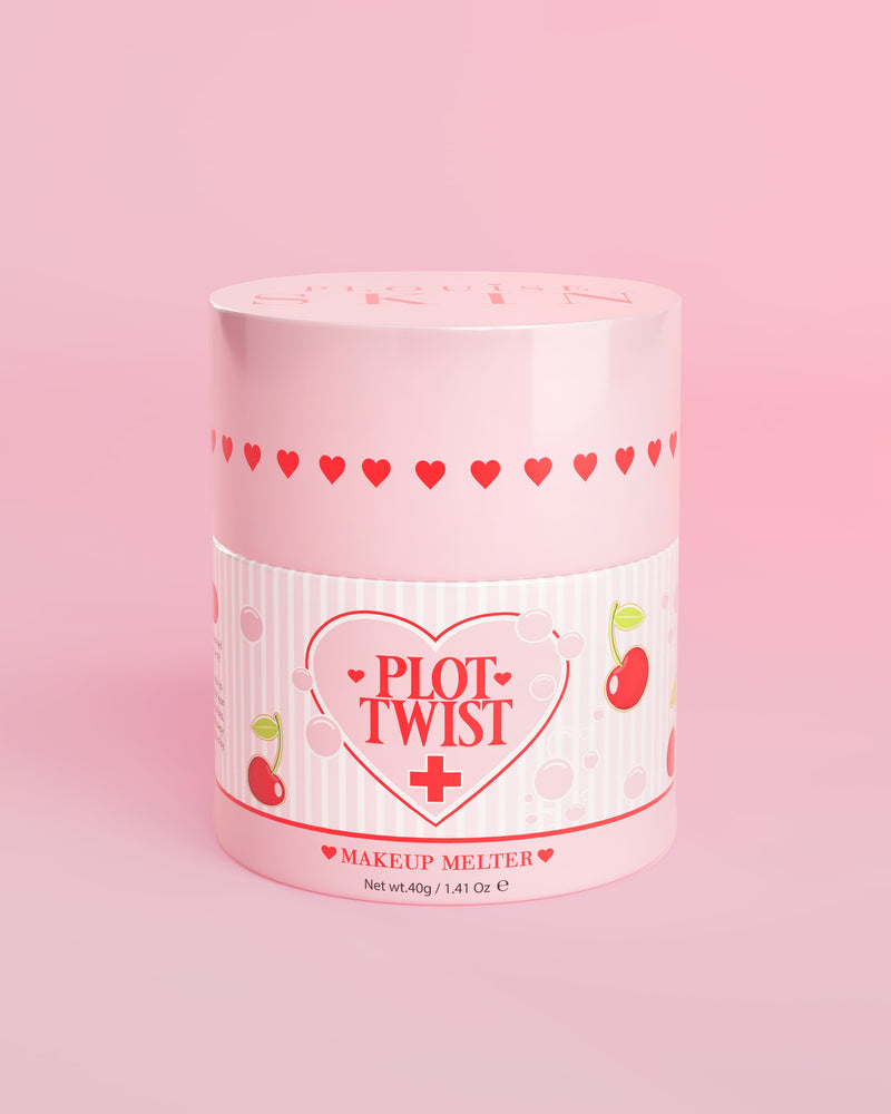 حاوية وردية من بلسم P.Louise Plot Twist Makeup Melting Cleansing Balm مع تصميمات القلب والكرز على الملصق على خلفية وردية.