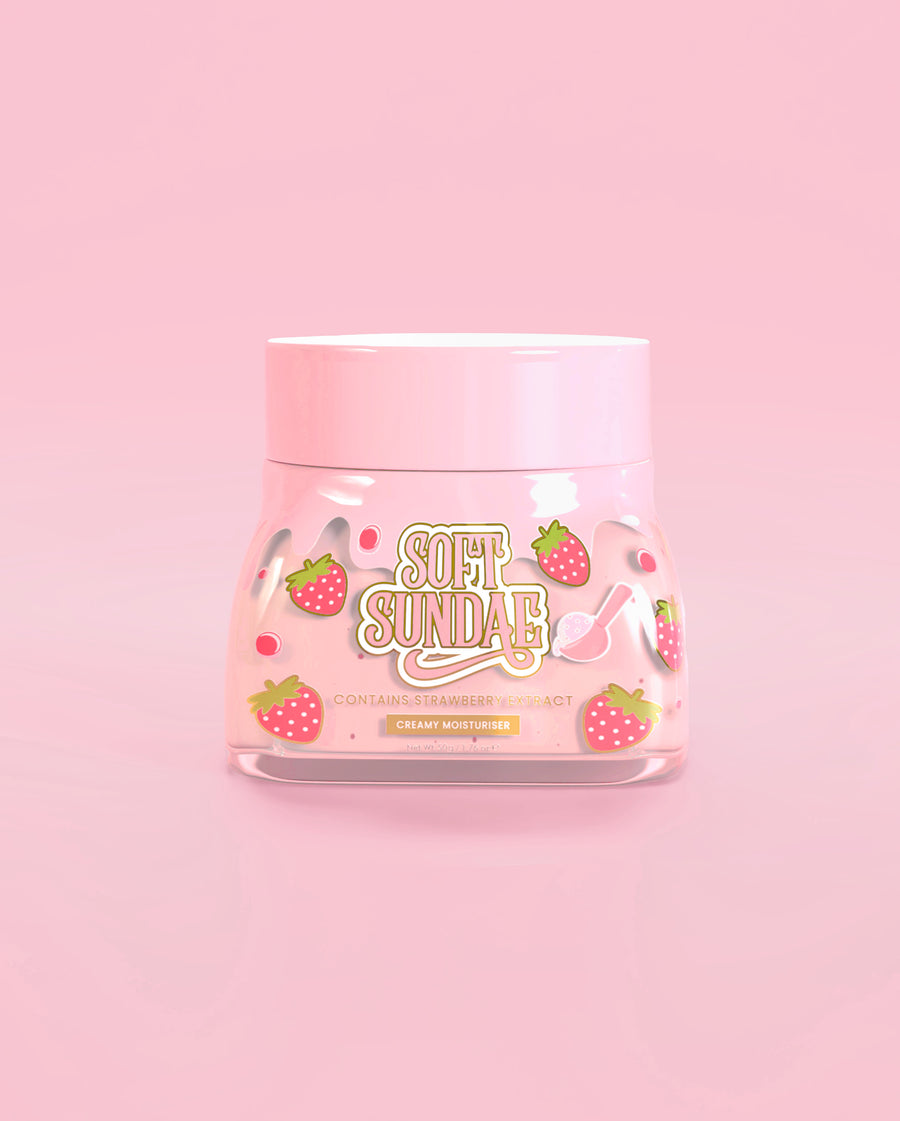 Tarro rosa de crema hidratante batida con helado suave P. Louise sobre un fondo rosa
