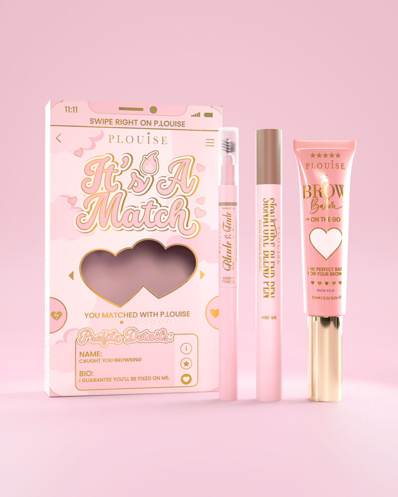 It's A Match เครื่องสำอางสำหรับเขียนคิ้ว ได้แก่ P.Louise Signature Blend Pen, Blade & Fade Brow Pencil และ Brow Balm บรรจุในกล่องธีมสีชมพูและทองพร้อมลวดลายรูปหัวใจ