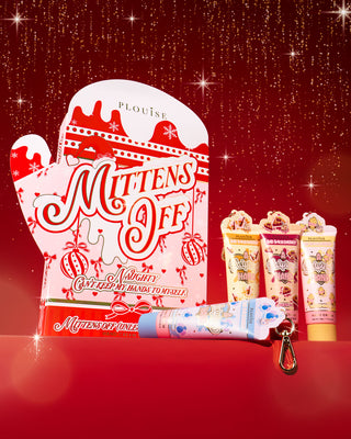P.Louise Mittens Off hand cream gift set on a red background with star-like lights
