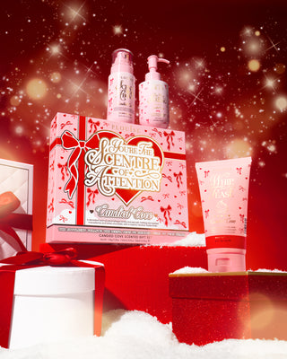 P.Louise bodycare cosmetic set with a decorative box on a festive background