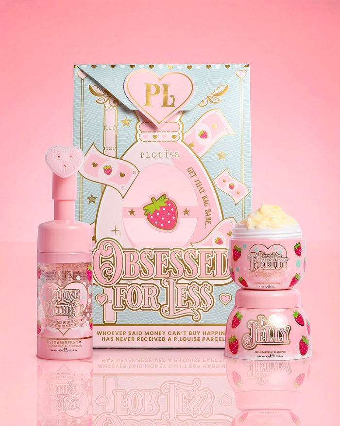 P.Louise Strawberry Obsessed For Less Obsessed For Bad Bitch บนพื้นหลังสีชมพู