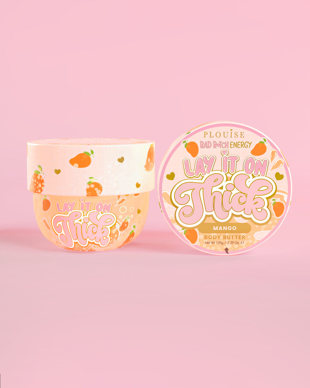 Kutje P. Louise 'Lay It On Thick' mango body butter op een roze achtergrond