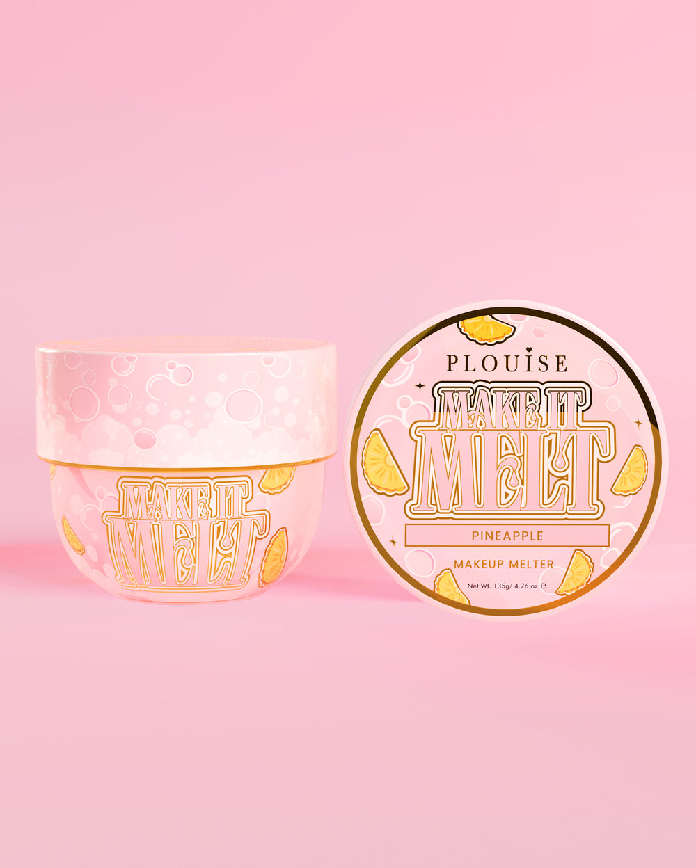 Tub P. Louise Make It Melt Makeup Cleansing Balm met ananassmaak op een roze achtergrond