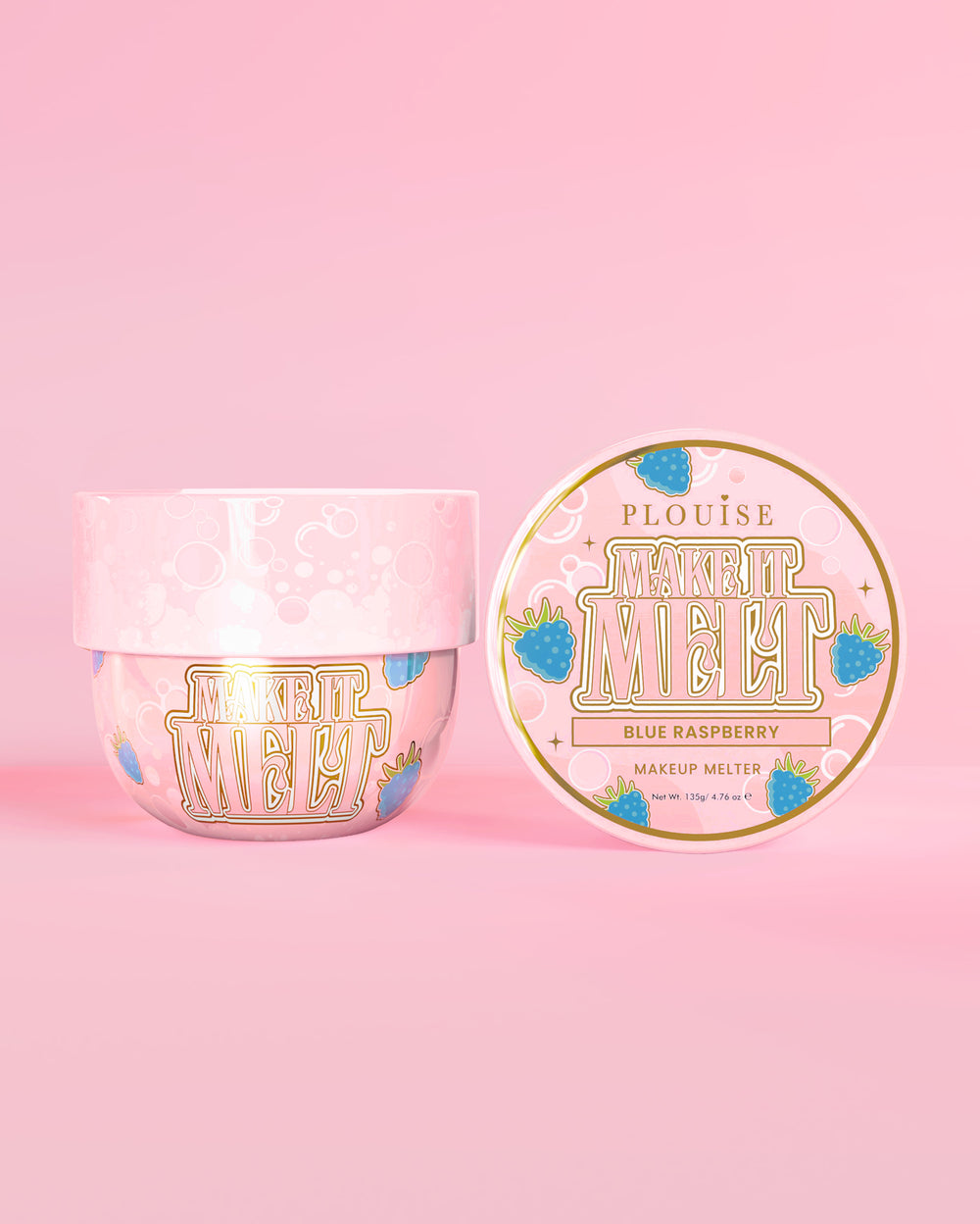 Twee potjes P. Louise Make It Melt Makeup Cleansing Balm in blauwe framboos op een roze achtergrond