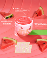 Open badkuip met P. Louise Make It Melt Makeup Removal Cleansing Balm in watermeloengeur met rode crème aan de binnenkant omringd door watermeloenen op een rode achtergrond