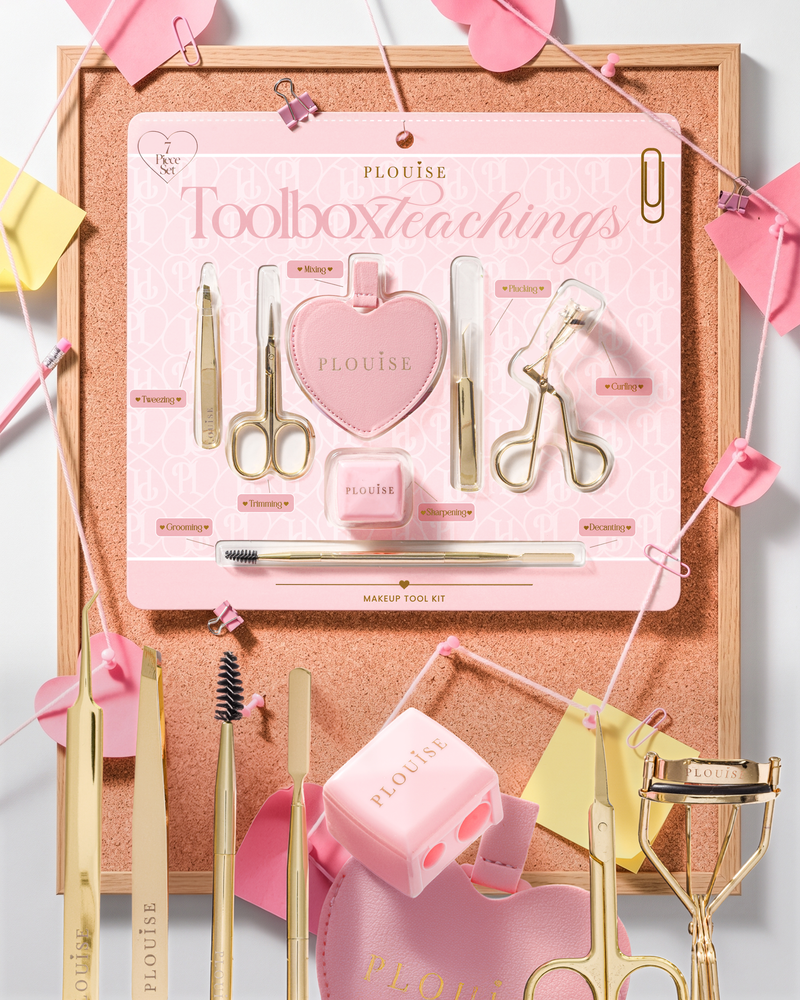 The P.Louise Toolbox Teaching Makeup Tool Kit featuring tweezers, eyelash curlers, mini scissors, spoolie and mixing palette