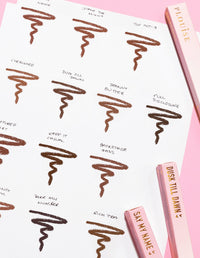 Una imagen de una hoja de papel con garabatos que muestra el tono y el nombre de cada delineador de labios P.Louise Ultimate Definition Sharpenable Lip Liner.