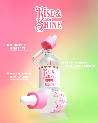Bottle of 'Rise & Shine' hyaluronic acid with pink and white design on a gradient background