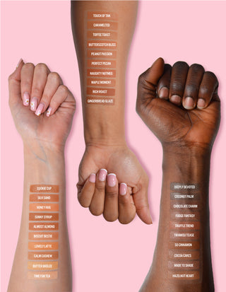 3 arms showing swatches of the P.Louise The Cheek Of It Baked Bronzer Powder shades